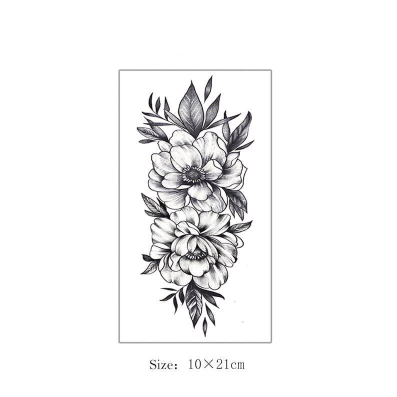 May include: Black and white floral temporary tattoo with two large flowers and leaves. Size: 10 x 21 cm.
