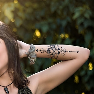 Lotus Flower Semi-permanent Tattoo | Floral Moon Temporary Tattoo | Half Sleeve Tattoo Print | Tattoo Sticker Design-A124