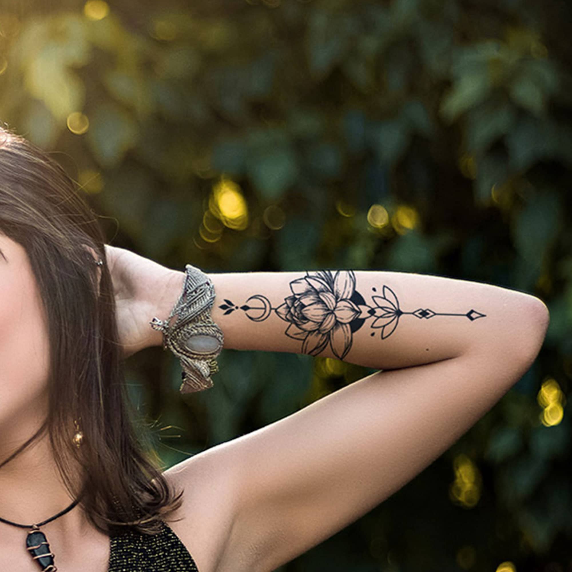 Lotus Flower Semi-permanent Tattoo | Floral Moon Temporary Tattoo | Half Sleeve Tattoo Print | Tattoo Sticker Design-A124