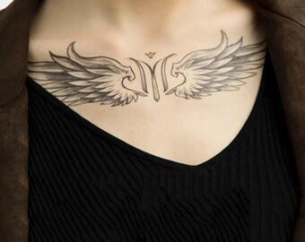 Angel Wings Temporary Tattoo – Mechanical Grey Style, Medium, Black, UK Made