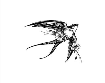 Swallow Semi-permanent Tattoo | Swallow and Floral Temporary Tattoo | Tattoo Sticker Design