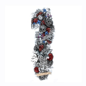 Skull Rose Large Temporary Tattoo | Clock Skull Sleeves Temporary Tattoo |  Tattoo Sticker |  48×17cm