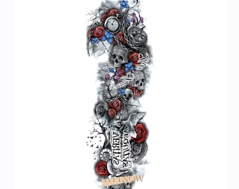 Skull Rose Large Temporary Tattoo | Clock Skull Sleeves Temporary Tattoo |  Tattoo Sticker |  48×17cm