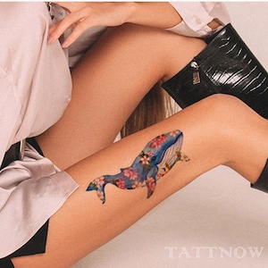 2Pcs Whale Flower Temporary Tattoo | Floral Tattoo Sticker | Tattoo Design | 11.9cm×5.5cm | 4.7×2.2inch