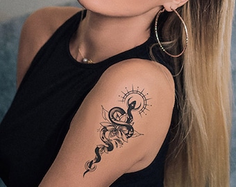 Snake Semi-permanent Tattoo | Lotus Half Sleeve Temporary Tattoo | Snake Tattoo Print | Tattoo Sticker Design