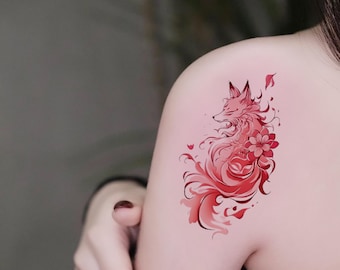 Pink Fox Hand Temporary Tattoo (2Pcs) | Women Tattoo Sticker 75mm×100mm