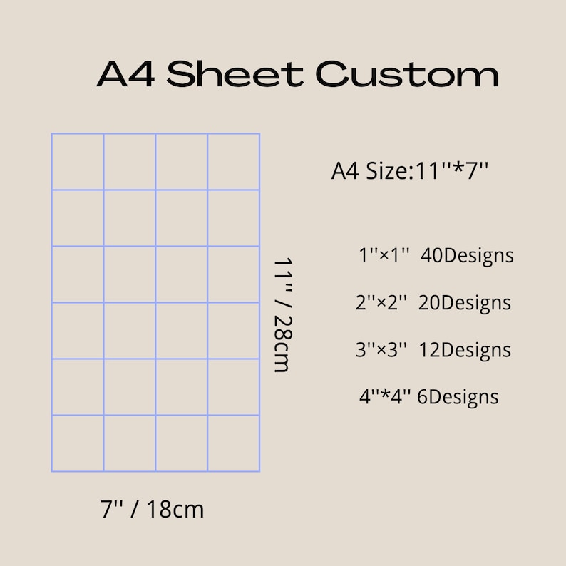 May include: A white sheet with a blue grid, measuring 11 inches by 7 inches. The grid is divided into squares of 1 inch, 2 inches, 3 inches, and 4 inches. The number of designs that can fit in each square is listed next to the size.