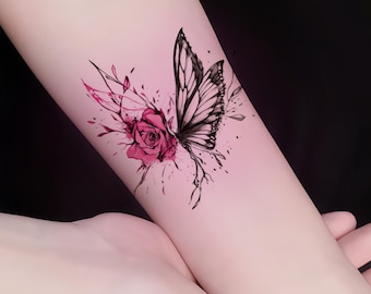 Butterfly and Rose Small Temporary Tattoo(2Pcs) | Women Sticker 75mm×100mm