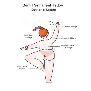 May include: A cartoon illustration of a person with different body parts labeled with the duration of semi-permanent tattoo ink lasting on each area. For example, the finger lasts 3-5 days, the ear and neck last 6-10 days, the arm lasts 6-14 days, the abdomen and back last 8-16 days, and the thigh and ankle last 2 weeks.