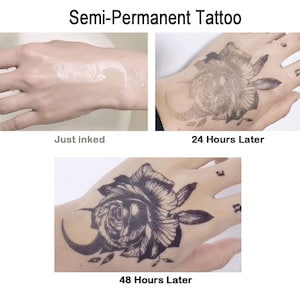 May include: A semi-permanent tattoo of a black rose and crescent moon on a person's hand. The tattoo is shown at three stages: just inked, 24 hours later, and 48 hours later.
