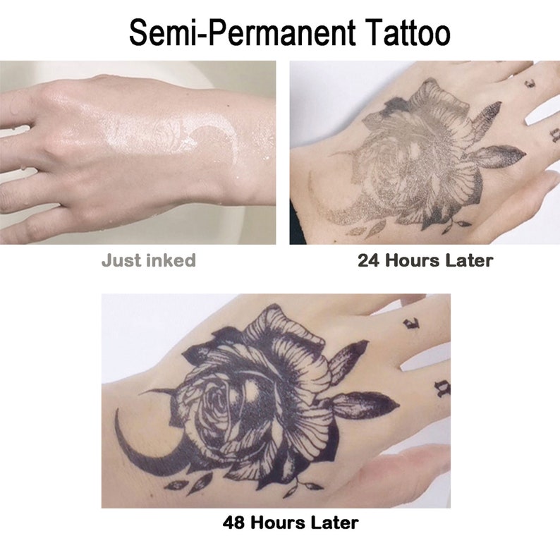 May include: A semi-permanent tattoo of a black rose and crescent moon on a person's hand. The tattoo is shown at three stages: just inked, 24 hours later, and 48 hours later.