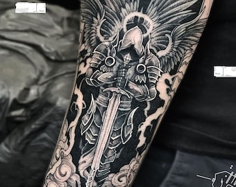 Warrior Temporary Tattoo | Winged Sword Half Sleeve Semi-permanent Tattoo |  Tattoo Sticker | 12*19cm