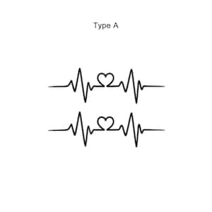 May include: Two black and white heart beat tattoos with a heart in the middle of each line. The text "Type A" is above the tattoos.
