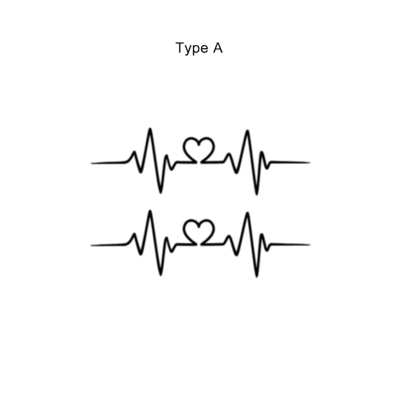 May include: Two black and white heart beat tattoos with a heart in the middle of each line. The text "Type A" is above the tattoos.