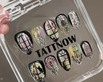 Press On Nails, Color Stained Cat Fake Nails,  Luxery Fake Nails