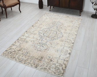 4x7 Vintage Anatolian Rug: Beige & Blue Wool Oushak Area Rug