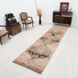 3x11 Red Black Vintage Runner, Faded Handmade Runner, 3x11 Oushak Wool Runner Rug, Turkish Runer, Entry Runner 3x11 Anatolian Runner Rug