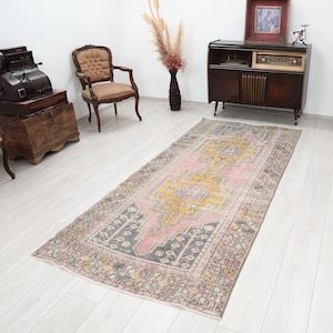 4x8 Rug, 4x8 Turkish Rug, 4x8 Vintage Rug, Bohemian Rug, Faded Rug, Handmade Wool Rug, Oushak Rug, Muted Oushak Rug, Pink, Yellow, Rug 4x8