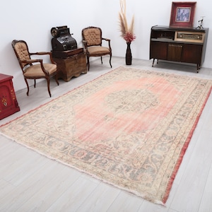 Vintage Oushak Rug 7x10: Faded Wool & Cotton Turkish Carpet