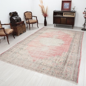 7x10 Rug, Oversize Rug, 7x10 Turkish Rug, 7x10 Vintage Rug, Muted Colors Rug, 7x10 Area Rug, Handmade Rug, Oushak Rug, Green, Pink, Rug 7x10