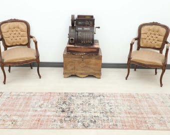 2x9 Red Beige Blue Turkish Hallway Runner Rug, Vintage Distressed Oushak, Boho Eclectic Rug