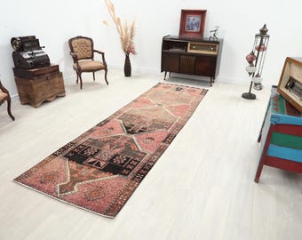 3x11 Red Oushak Runner | Vintage Runner | Wool Runner | Vintage Runner Rug | Turkish Runner Rug | Oushak Runner Rug | Geometric Runner Rug