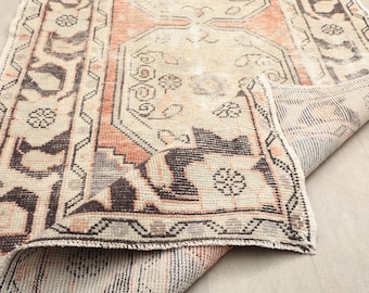 3x9 ft Vintage Turkish oushak runner rug | faded cream terracotta geometric wool hallway accent | distressed bohemian decor carpet gift
