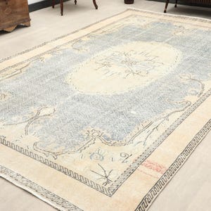 7x11 ft Turkish oushak area rug | faded ivory blue medallion wool living room carpet | distressed vintage bohemian decor
