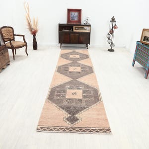 3x13 Turkish Vintage Runner Rug, 3x13 Handmade Rug, Muted Red, Brown, Oushak Runner Rug, Hallway Runner, Kitchen Stairway Runner, Home Decor