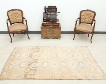 4x6 Beige Vintage Turkish Oushak Rug: Handmade Wool  Boho Decor Rug