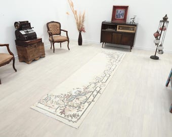 3x11 Ft Turkish Oushak Runner Rug | Muted Beige Pastel Floral Wool Hallway Carpet | Vintage Distressed Bohemian Home Decor