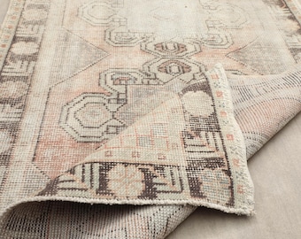 3x9 ft Turkish vintage runner rug | faded beige terracotta geometric wool hallway | distressed bohemian home decor