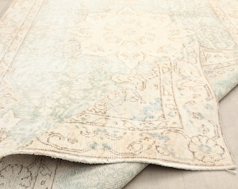 Faded distressed beige Turkish Oushak area rug | 5x8 ft muted blue medallion wool | vintage bohemian living room bedroom decor