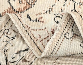 Faded beige and blue Turkish area rug 7x10 ft | distressed medallion wool living room carpet | vintage bohemian home decor