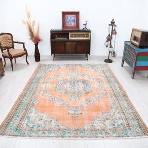 6x9 Rug, Unique Rug, Orange Green Rug, 6x9 Turkish Rug, Vintage Rug 6x9, Faded Rug, Muted Color Rug, Handmade Wool Rug, Home Decor Rug