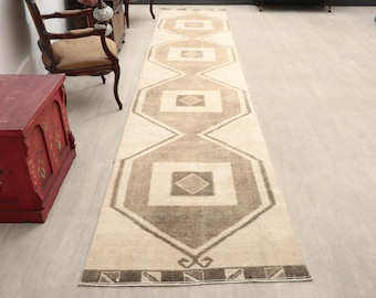 3x15 ft Turkish hand-knotted runner rug | vintage beige brown geometric wool | hallway kitchen bohemian decor