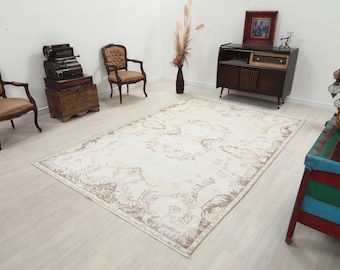 6x9 Beige Oushak Rug | Neutral Rug | Vintage Rug | Vintage Turkish Rug | Oushak Area Rug | Boho Living Room Rug | Handmade Wool Rug