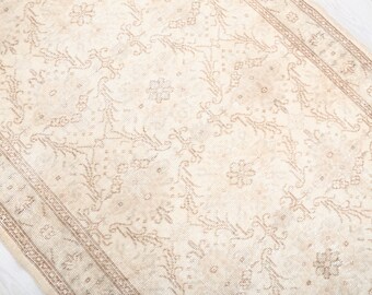 4x7 Vintage Turkish Oushak Rug, Neutral Beige Wool