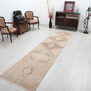3x11 Runner Rug, Corridor Rug, 3x11 Turkish Runner, Faded Rug, 3x11 Vintage Runner, Handmade Rug, 3x11 Oushak Rug, 3x11 Area Rug,Beige,Brown