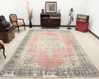 7x11 Red Beige Blue Oversize Vintage Oushak Rug: Handmade Wool Area Carpet