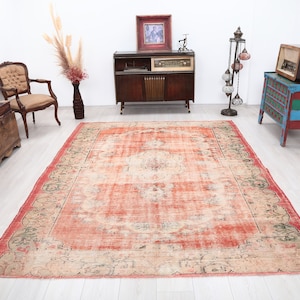 7x9 Rug, Oushak Vintage Turkish Area Handmade Rug, Faded Rug, Orange, Beige, Muted Green, 7x9 Turkish Rug, 7x9 Vintage Rug,Boho Rug, Rug,7x9