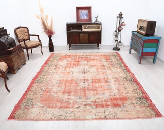 Oushak turkisk matta 7x9: Vintage handgjord ull-bomullsmatta