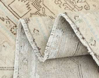 Handmade Beige Oushak Rug, Vintage Wool Cotton Turkish Rug, 7.6x10.9 FT