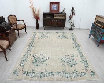 7x9 Vintage turkisk Oushak-matta: Bleknad blommig ull-bomullsmatta