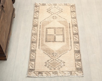 70x30 cm Orange Kleiner Teppich, Türkische Fußmatte, Vintage Oushak Teppich, Geometrisches Design