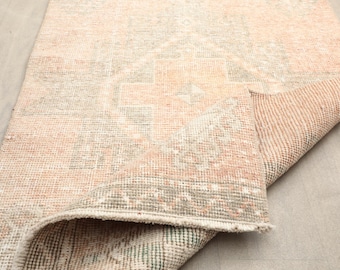 3x11 ft Turkish oushak runner rug | faded terracotta beige geometric wool hallway | distressed bohemian vintage decor