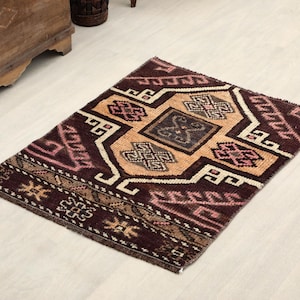 Vintage Brown  Doormat 2x3 - Handmade Wool Rug, Turkish Entry Mat, Beige Anatolian Gift for Kids Hallway, Soft Bathroom Mat, Tiny Oushak Rug