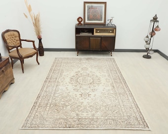5x8 Beige Brown Vintage Turkish Oushak Rug: Patterned Boho Area Rug