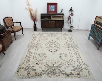 Alfombra turca de lana beige y marrón hecha a mano, 15 x 23 cm, estilo Oushak vintage