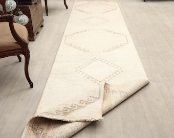 3x13 ft Turkish oushak runner rug | muted beige and brown geometric wool | vintage hallway kitchen decor | bohemian style